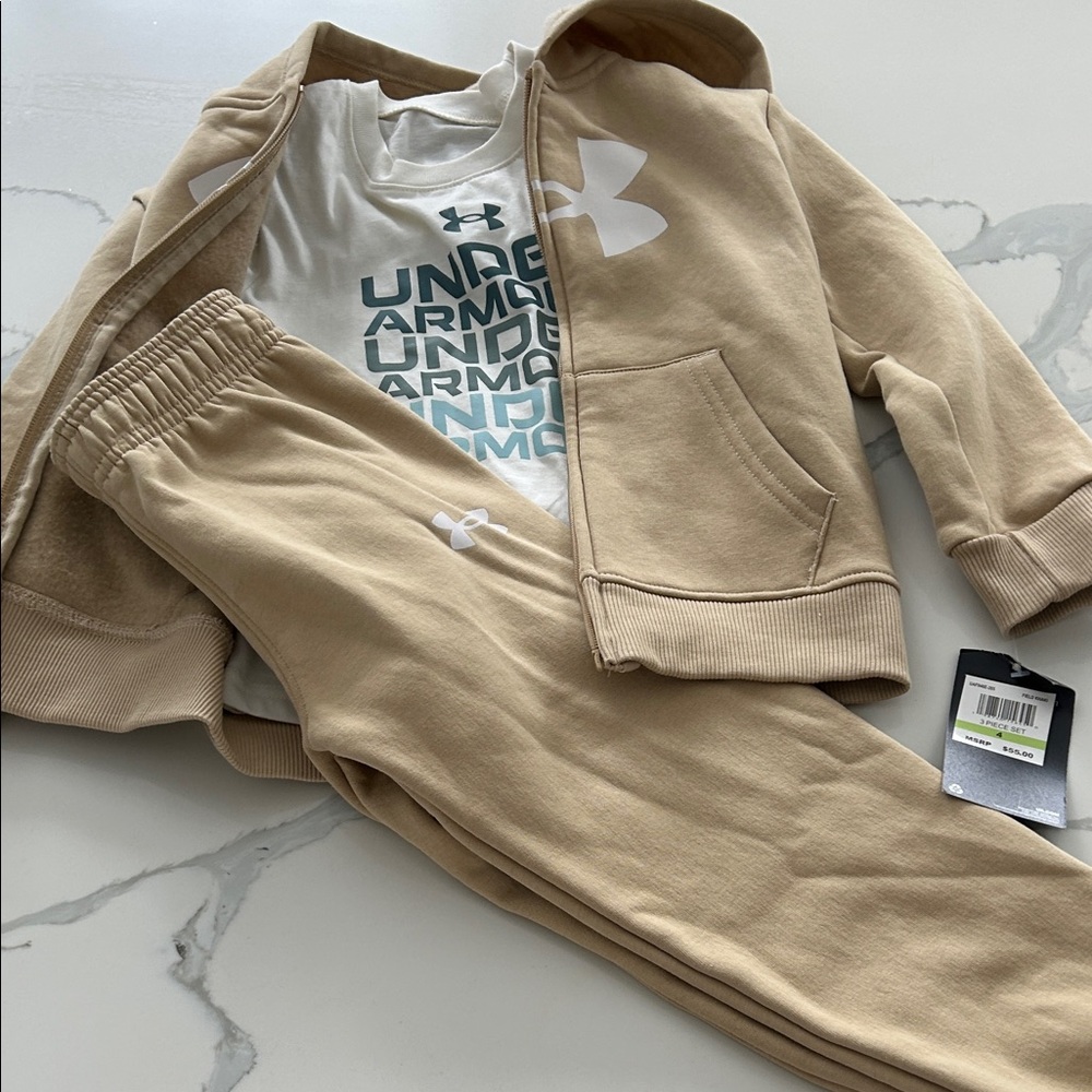 NWT boys Under Armour Kids Tan Sweatpants & Hoodie Set
